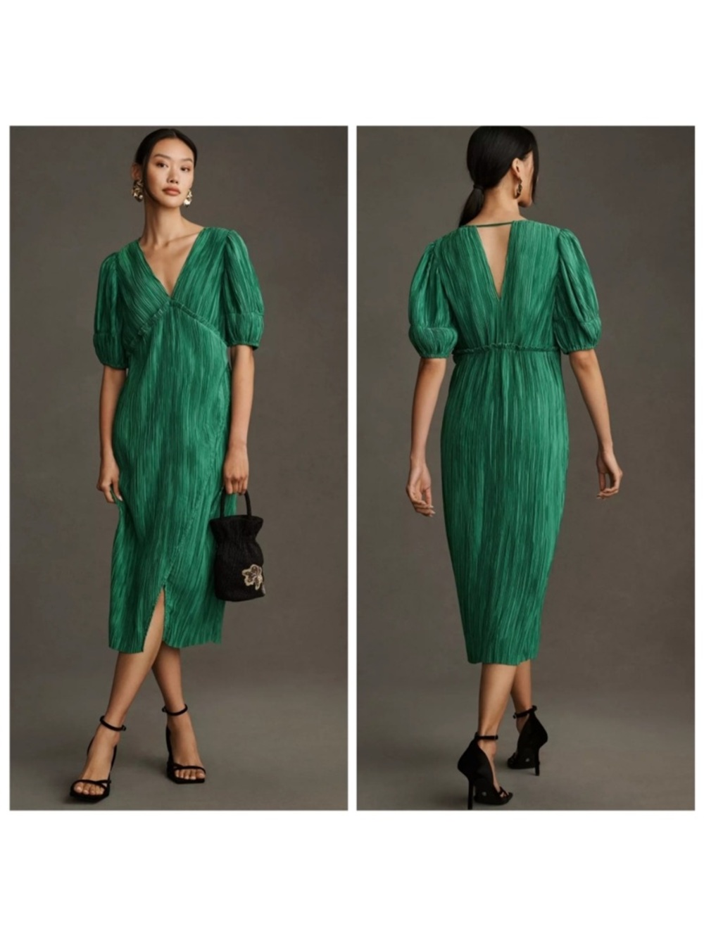 Anthropologie Green V-Neck Pleated Slim Midi Dress Size XSP - Picture 2 of 9